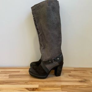 Western Diesel heeled platform boot distressed leather black grey denim harness